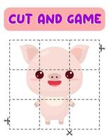 Cut and glue pig. Educational children game, printable worksheet.Puzzles with animals vector