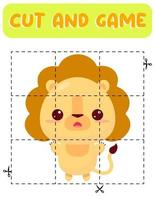 Cut and glue lion. Educational children game, printable worksheet.Puzzles with animals vector