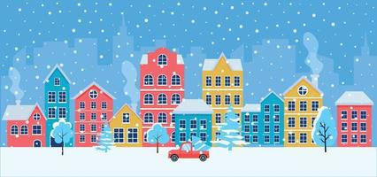 tarjeta de navidad con paisaje urbano, auto nevado y árboles de navidad. pueblo navideño. pueblo navideño de invierno. vector