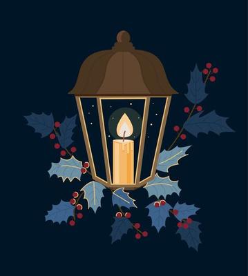 Christmas candles card. Concept of flaming candlestick, christianity attributes, Christmas decoration. Suspender sacred at night against the background of Christmas berries.