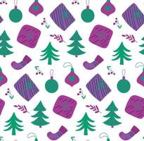 Cute Christmas seamless pattern background design with hand drawn doodles - Christmas tree, glass bauble, gift box, sock, branch. Simple naive childish drawing, New Year seasonal texture print vector