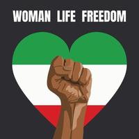 Woman Life Freedom - slogan for Iranian women protest. womans raised hand with clenched fist on heart in colors of Flag of Iran background