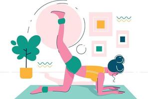 Woman character training pilates, yoga, fitness at home vector