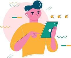 hombre usando tableta, dispositivo de comunicación, ilustración de tecnología, personaje de hombre vector