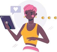 Woman chatting in date app. Vector illustration