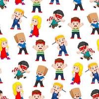 Seamless pattern with children posing like the super heroes vector