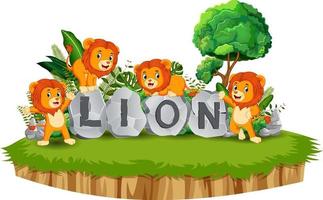 Lion are playing together in the garden with stone letter vector