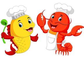 Cute lobster chef and fish chef cartoon vector