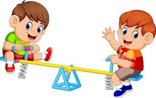 dos niños jugando en el balancín vector