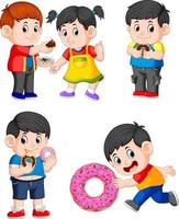 the collection of children eating the doughnut and the cake vector