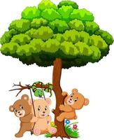 Many cute baby bears and snake playing under tree vector