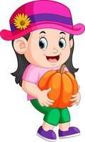 Cute child holding big pumpkin vector