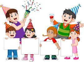 a happy family with their children is celebrating new year with the party vector