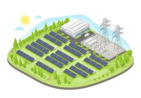 solar farm power plant with solar cell green energy ecology powerhouse concept electricity in nature isometric vector isolated