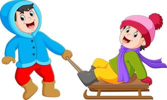 a boy with a blue jacket is pulling the ice cart with the girl on it vector