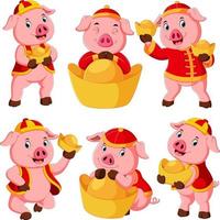 a collection of a cute pink pig uses the red costume for chinese new year vector