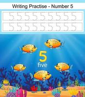 the writing practices number 5 with fish in deep blue sea vector