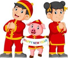 two children with a pink pig are giving a greeting for a china's new year vector