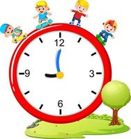 Kids playing skateboard and roller skate on giant clock vector