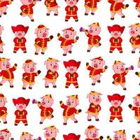 Seamless pattern with little pink pigs wearing chinese costume vector