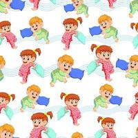 Seamless pattern with two happy children is fighting a pillows vector