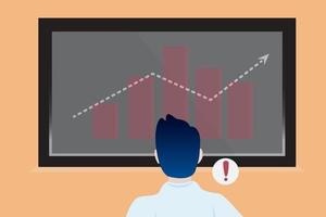 mirando desde atrás, detrás del hombre de negocios o del corredor de bolsa mirando fijamente, viendo el gráfico de tendencia alcista de la inflación en la pantalla del monitor. hombre pensante que trabaja en la oficina - vector plano simple