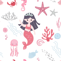 cute mermaid girls and undersea animals, cartoon style childish seamless pattern png