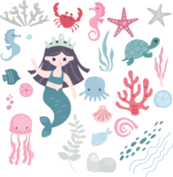 Set cute mermaid girls and undersea animals, crab, shells, seaweed and sea stars png