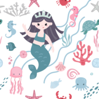 lindas sirenas y animales submarinos, estilo de dibujos animados infantil patrón sin costuras