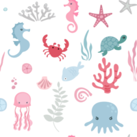 lindas sirenas y animales submarinos, estilo de dibujos animados infantil patrón sin costuras png