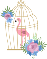 flamant rose dans une cage à oiseaux décorée de fleurs, illustration de style plat tropical png