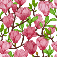 flores de magnolia de flor rosa, patrones sin fisuras. ilustración dibujada a mano png