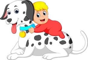 a cute baby is playing and holding the big white dog vector