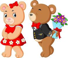 dos lindos osos usando el mejor disfraz y el niño tomando las flores vector