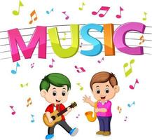 word music with kids playing guitar and saxophone vector