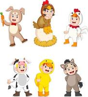 collection children wearing cute farm animal costumes vector