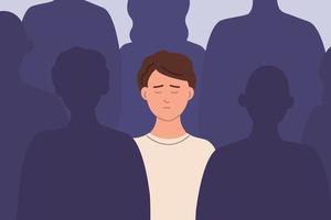 Sad unhappy man among crowd of people feels lonely. Depression, problems with communication, friends, isolation. Vector flat illustration