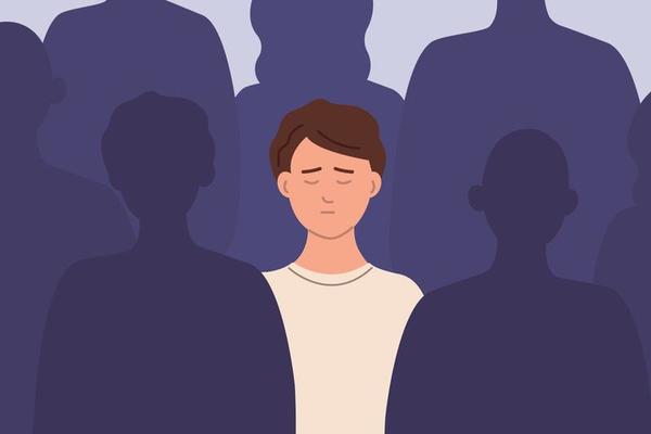 Sad unhappy man among crowd of people feels lonely. Depression, problems with communication, friends, isolation. Vector flat illustration