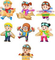 a collection of the kids playing with the cardboard box plane