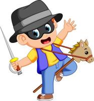 Cute boy dressed as a cowboy with sword and playing with a horse on a stick vector