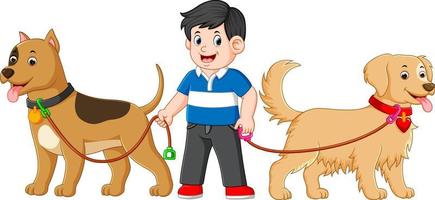 a boy is standing between two big cute dog and using a blue shirt
