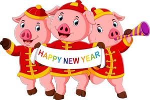 three little pigs are celebrating chinese new year with the party vector