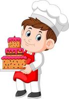 Chef holding a plate with a delicious cake vector