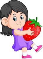 cheerful girl with big strawberries vector