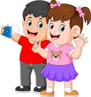 two little children are taking a perfect selfie with the happy face vector