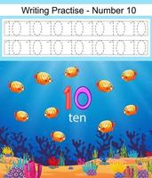 the writing practices number 10 with fish and coral underwater vector