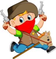 Cute little boy running with a horse on a stick and two guns toy vector