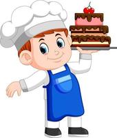 Young chef holds a tray with cake vector