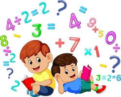 Two boy reading book and learning number vector