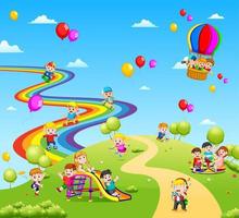 la hermosa vista llena de niños y globos de colores. vector